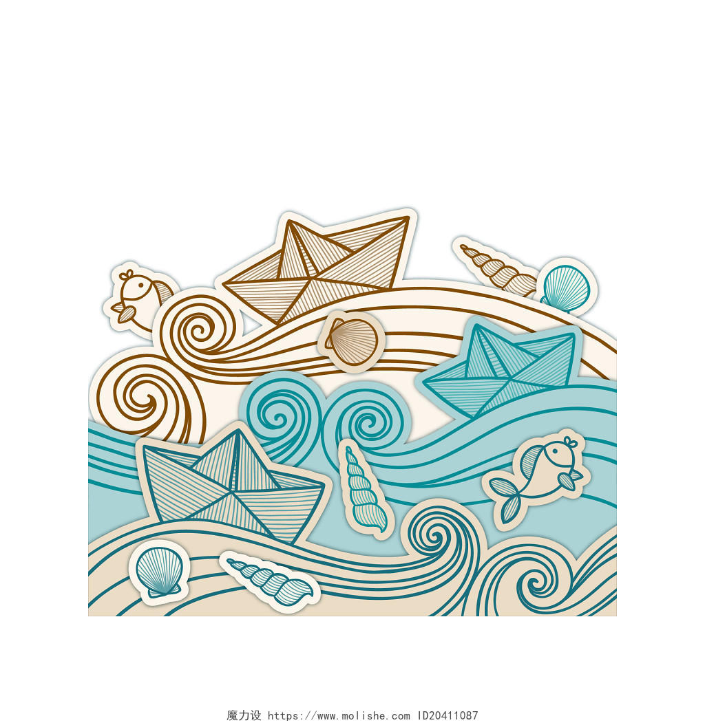 航海日元素卡通剪纸风纸船海浪矢量素材